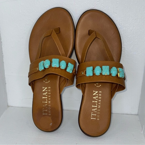 Italian Shoemakers Brown Sandals with Turquoise Accents - Picture 3 of 9
